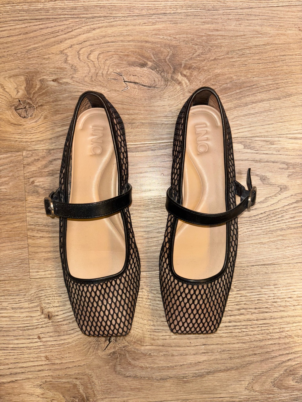 INC International Concepts Black Mesh Mary Jane Flats with Square Toe